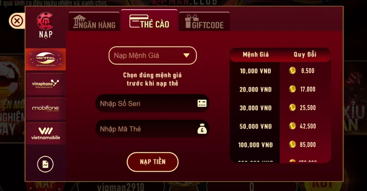 Nạp tiền thẻ cào phương thức nhanh chóng an toàn tiện lợi tại Manclub.