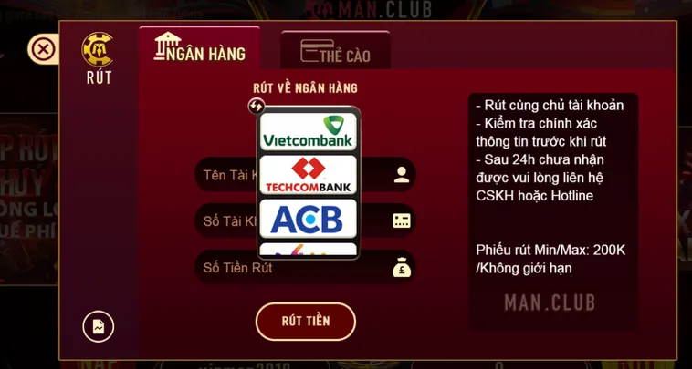 Quy trình chuẩn rút tiền qua tài khoản ngân hàng tại maclub.
